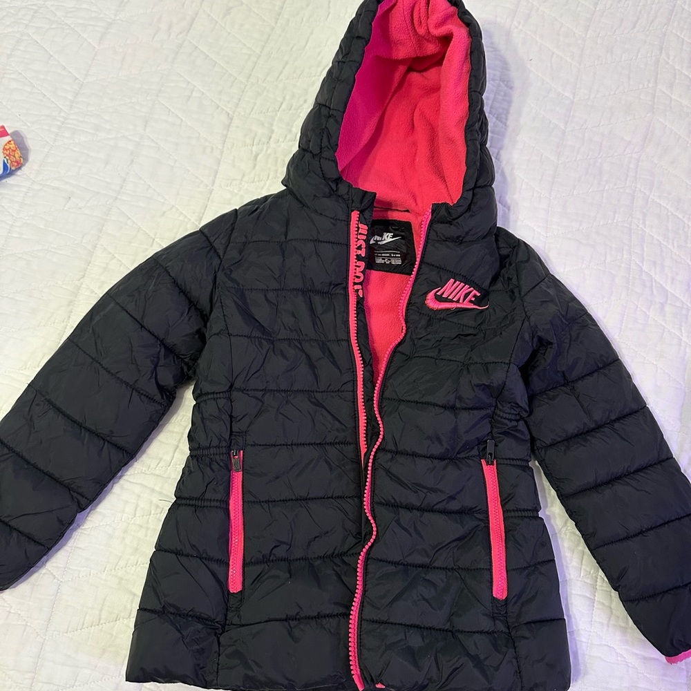 Nike Black and Pink Puffer Jacket with Hood